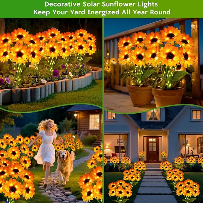 Solar Sunflower Lights Outdoor Garden Decor, Solar Flowers Lights with 18 Sunflowers, Waterproof Fall Decor Stake Decorative Light Auto ON/Off for Garden Yard Patio Backyard, Gift for Women (3 Pack)