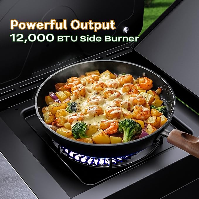 Brand-Man Propane Gas Grill Island Outdoor Kitchen & Storage Cabinets, 52000 BTUs Stainless Steel Burner Patio Cooking BBQ Grill with Side Burner - Natural Gas Convertible, Black (5 Burner)