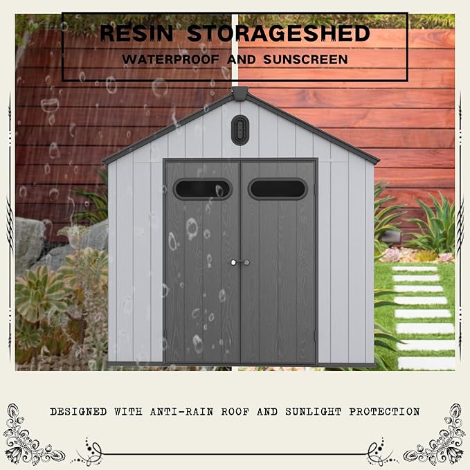 8x10 FT Outdoor Storage Shed with Hinge Door,Window & Air Vent,Outdoor Plastic Tool House W/Waterproof Tilted Roof,Heavy Duty Stroage Unit for Backyard,Patio,Lawn,Garden,Grey+Black