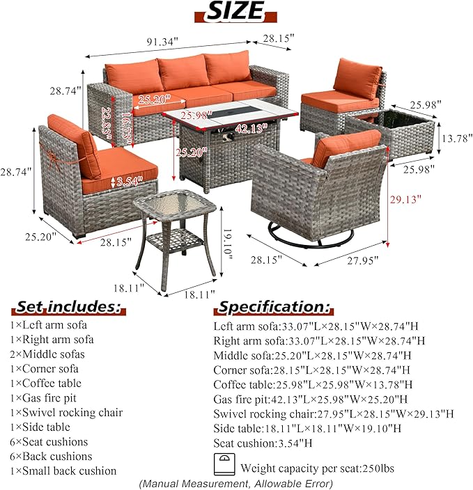 HOOOWOOO 9 Piece Modular Patio Outdoor Sectional Furniture Set with Gas Propane Fire Pit Table,Wicker Conversation Sofa Set with Swivel Chairs,Outside Couch Set(Orange Red)