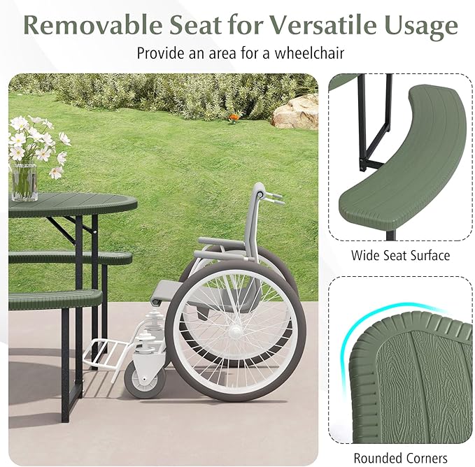 Giantex Picnic Table Bench Set for 4-8 Person, Round 37” Outdoor Dining Table w/Umbrella Hole, HDPE Tabletop, Metal Frame, Patio Furniture Set for Backyard Porch Lawn, 1400lb Capacity (Green,Round)