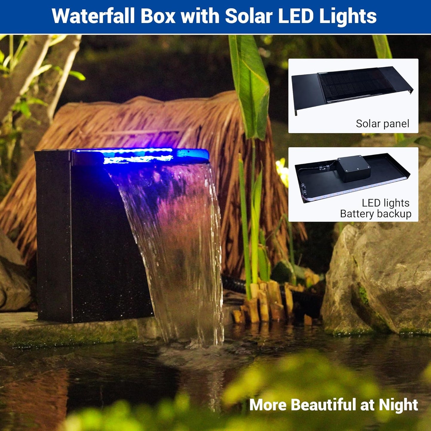 NFESOLAR Pond Waterfall Spillway with Pump Kit, Large 11.8" W 13.4" H Capacity Stainless Pond Waterfall Box with Filtration, LED Lights for Garden Outdoor Pond up to 2000 Gallons N4313