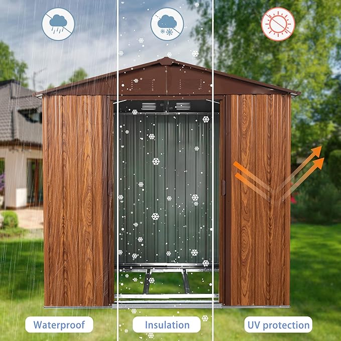 6x6 FT Outdoor Storage Shed, Metal Garden Shed with Frame Floor, Outside Tool Shed with Window, Waterproof Storage Building with Lockable Sliding Doors & Sloped Roof for Backyard, Patio, Coffee
