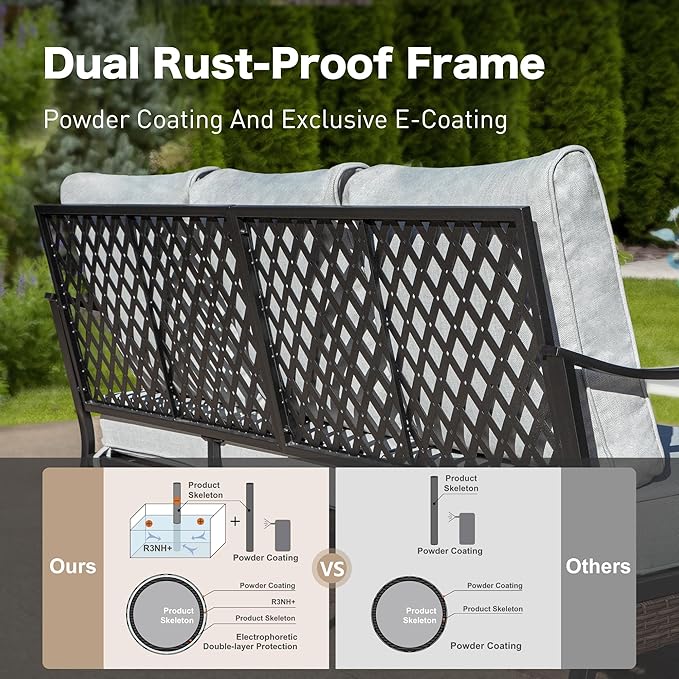 4 Piece Black Metal Outdoor Patio Furniture Sets with Firepit Table, Patio Conversation Sets 1 3-Seater Sofa, 2 Swivel Sofa with 5.75" Cushion Backyard Furniture for Deck, Light Gray