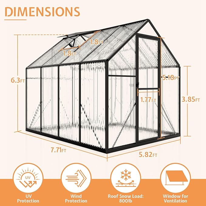 Jocisland 6x8x6.3 FT Polycarbonate Greenhouse for Outdoors with 2 Windows, Dual Swing Doors, Aluminum Walk-in Frame, Heavy Duty Garden Greenhouse for Backyard, Black