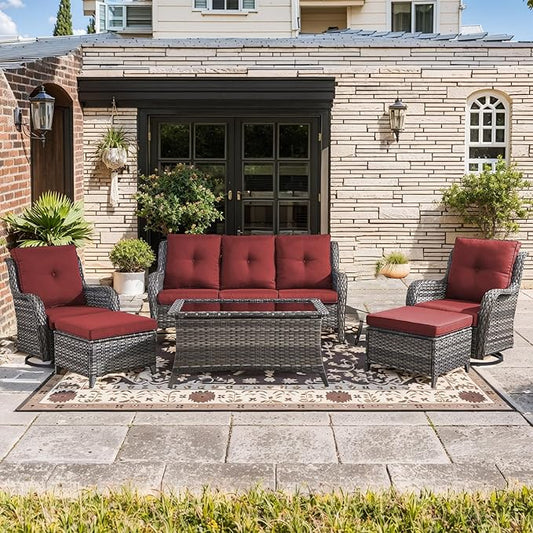 Wicker Outdoor Conversation Set-6 Pieces Outdoor Wicker High Back Couch with Swivel Rocker Chairs Patio Furniture for Deck Poolside Backyard-Grey/Red