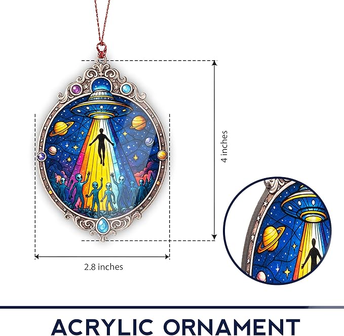 Alien Ornament – UFO Decor | Galaxy Ornament + Sci Fi Keepsake – Space Lover Gift – Alien Christmas Ornament – Suncatcher Effect Window Hanging – Car Hanging Decoration