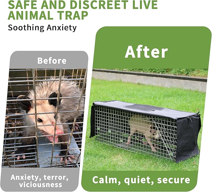 Live Animal Trap Cage with Cover, Cat Trap for Stray Cats 32 Inch Heavy Duty Folding Skunk Traps with Real Door for Raccoons, Opossums, Groundhogs, Skunks, Feral Cats, Squirrels-(32 x 10 x 12 inches)