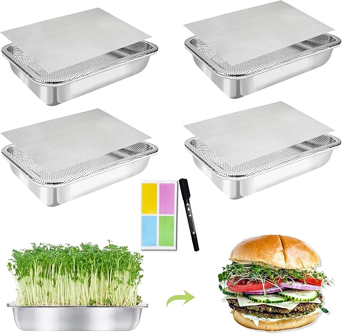 Stainless Steel Sprouts Growing Kit 4-Tier 12.4 inch Trays, Microgreens Growing Kit, Seed Sprouting Tray with Encrypted Mesh Sprouts for Beans Alfalfa Broccoli Wheat Grass