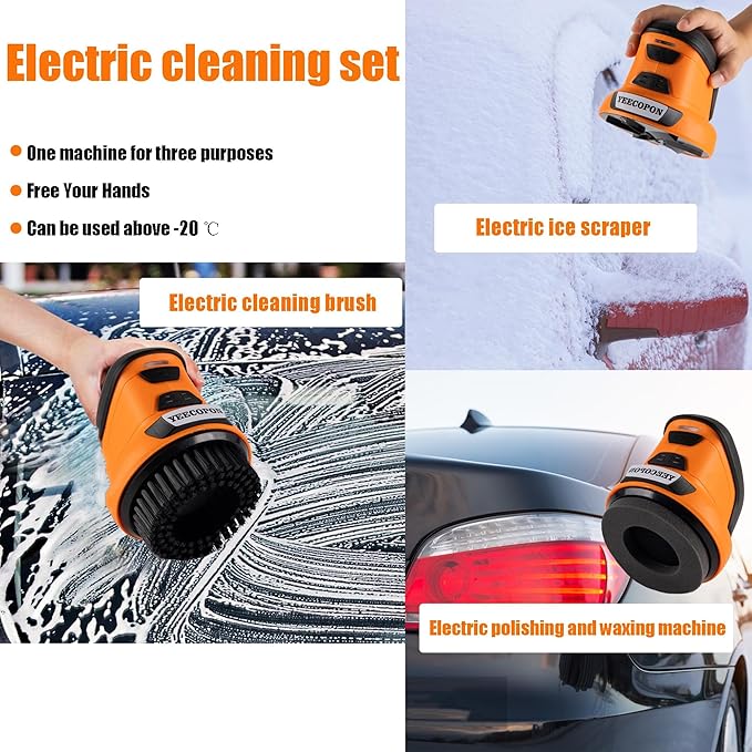 3-in-1 Electric Ice Scraper for Cars & Home – Cordless Handheld Defroster, Cleaner & Polisher, 500 RPM Motor, 2000mAh Battery, Type-C Charging, Lightweight & Portable