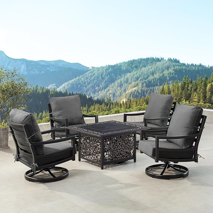 Oakland Living Black Aluminum Patio Fire Table Set with Four Club Chairs with Black Cushions