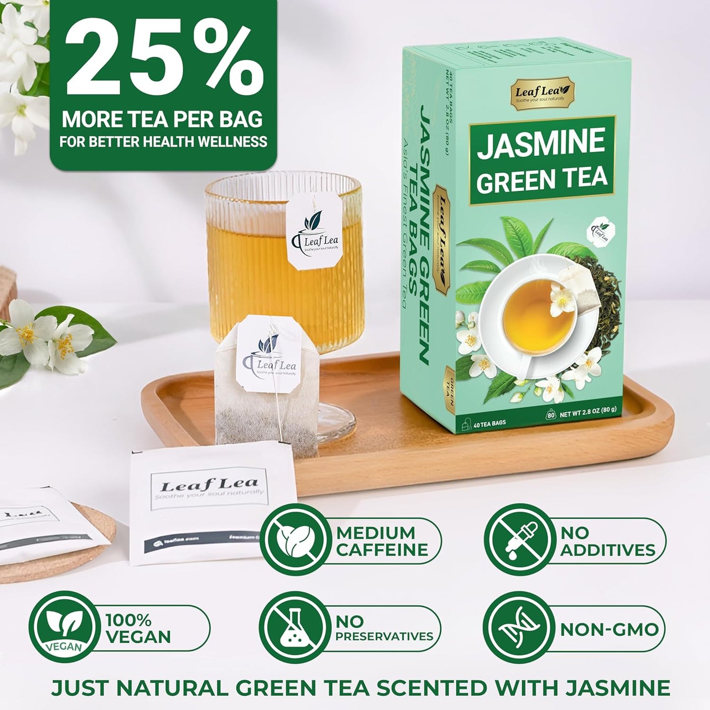 LeafLea 80 Jasmine Green Tea Bags, Green Tea with Natural Jasmine Aroma, Light Focus & Daily Balance, Delicate Floral and Smooth Taste, Caffeinated, Sugar-Free, Non-GMO, Vegan, Individually Wrapped