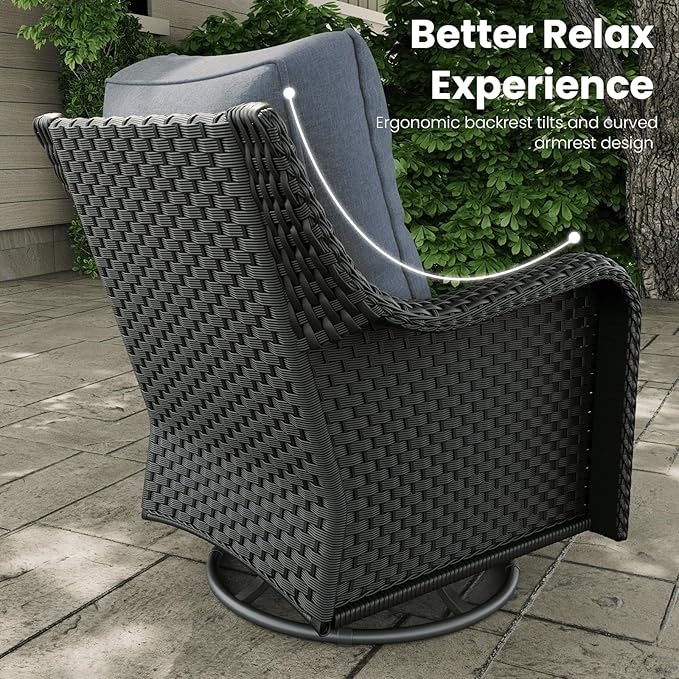 7 Pieces Outdoor Patio Furniture Sets with Rocking Swivel Chairs with 6-inch Thick Cushion and Side Table for Deck Lawn