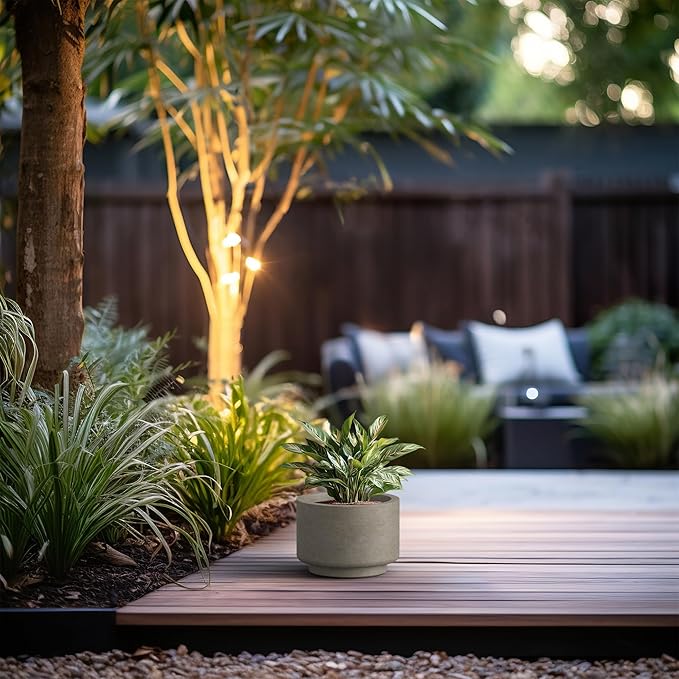 Kante 9.8 Inch Dia Concrete Planter, Round Pedestal Design Garden Pot for Indoor Outdoor Plants, Modern Flower Pot with Drainage Hole, Weathered Concrete Finish with Warm Brown Interior