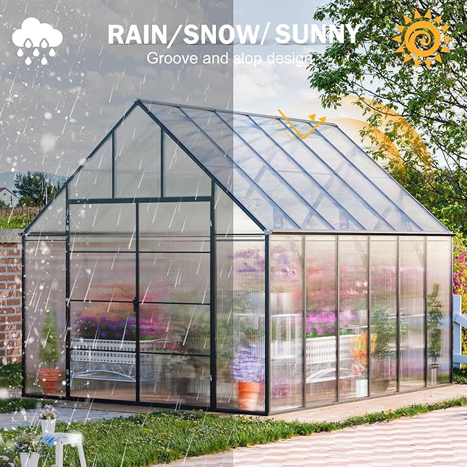 Greenhouse, 10x12 FT Easy Assembly Hybrid Polycarbonate Greenhouses for Outdoors w/2 Vent Windows & Swing Door Walk-in Greenhouses Aluminum Green House for Garden Backyard, Black