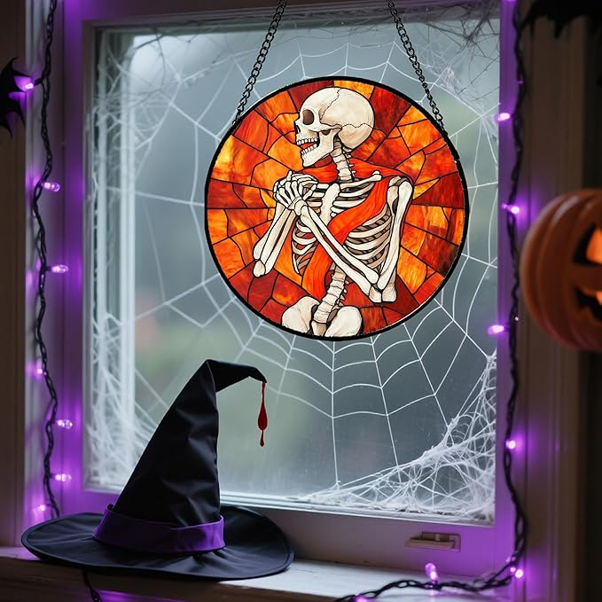 Stained Glass Window Hanging - Halloween Decorations Fear Skeleton Suncatcher for Doors Garden Indoor Spooky Funny Sun Catchers Gothic Decor Horror Gifts for Women Men Friend 11.8 in