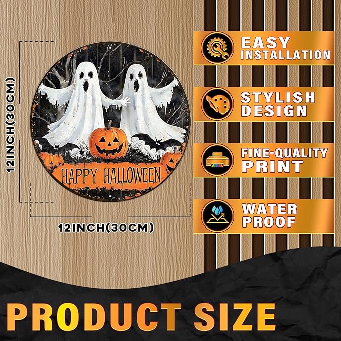 PEACHGARDEN Round Happy Halloween Pumpkin Wreath Vintage Sign Halloween Ghost Metal Tin Sign for Home Bar Kitchen Hotel Dining Room Coffee 12x12inch