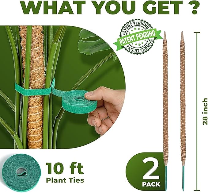 2 Pack 28 Inch Bendable Moss Pole Monstera Plant Support Stakes for Indoor Plants - Tall Moss Stick Trellis for Potted Climbers - Stem Support Accessories for Climbing Houseplants