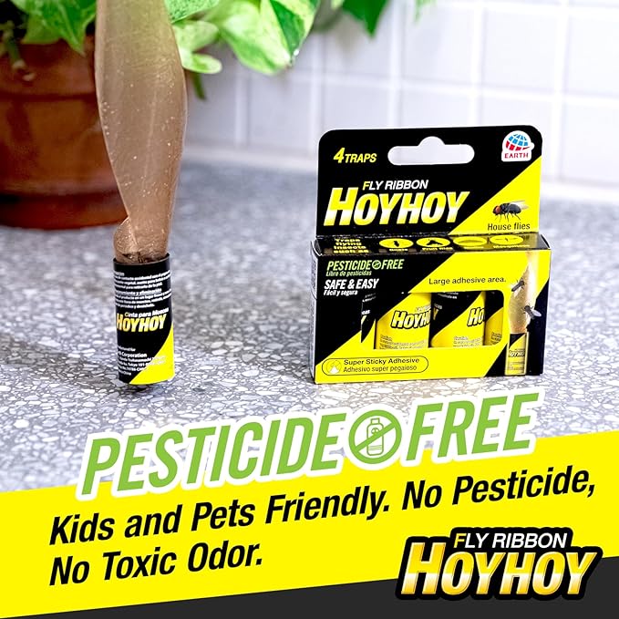 HOY HOY Fly Ribbon 4 Traps (1 Pack) - Multi-Insect Catcher for Home & Garden, Super Sticky, Long Lasting
