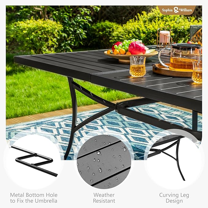 Sophia & William 9 Pieces Patio Dining Set for 8, All Weather Square Outdoor Table with Umbrella Hole, 8 Rattan Chairs with Cushions, Large Patio Table and Chairs Set for Outside, Black Tabletop