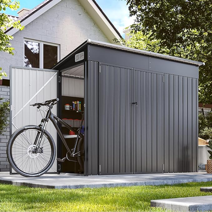 8'x4' Shed Galvanized Steel Storage Sheds with Triple Doors Utility Sheds for Vertical Storage, Dual Lock Lean to Shed with Sloped Roof for Mower, Bike, Garden Tools (Black)