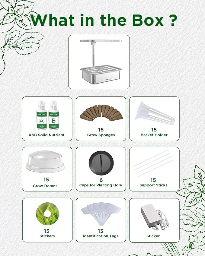 Stainless Steel Hydroponics Growing System kit Indoor Garden: Smart Indoor Herb Garden with Grow Light,15 Pods Plant Germination Kit,6L Water Tank with Quiet Pump,for Vegetables, Herbs and Flowers