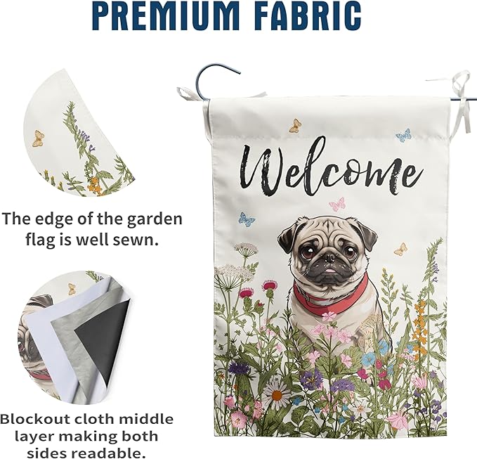 Spring Summer Flower Garden Flag Pug Outdoor Flag Floral Dog Garden Flags for Outside Small Yard Welcome Flags 12x18 Double Sided