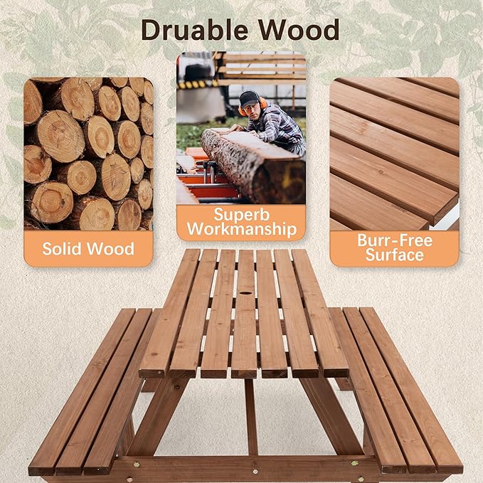 Picnic Table with Bench for 6-8 Person Outdoor Wooden Rectangle Table for Backyard, Porch, Patio, Deck w/Umbrella Hole -Brown