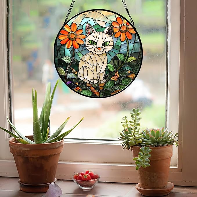 Stained Glass Window Hanging - White Cat Green Plants Orange Flowers Sun Catcher for Door Garden Home Decor Suncatcher Christmas Mother's Day Birthday Gifts for Women Men Mom Nana 9.8 in