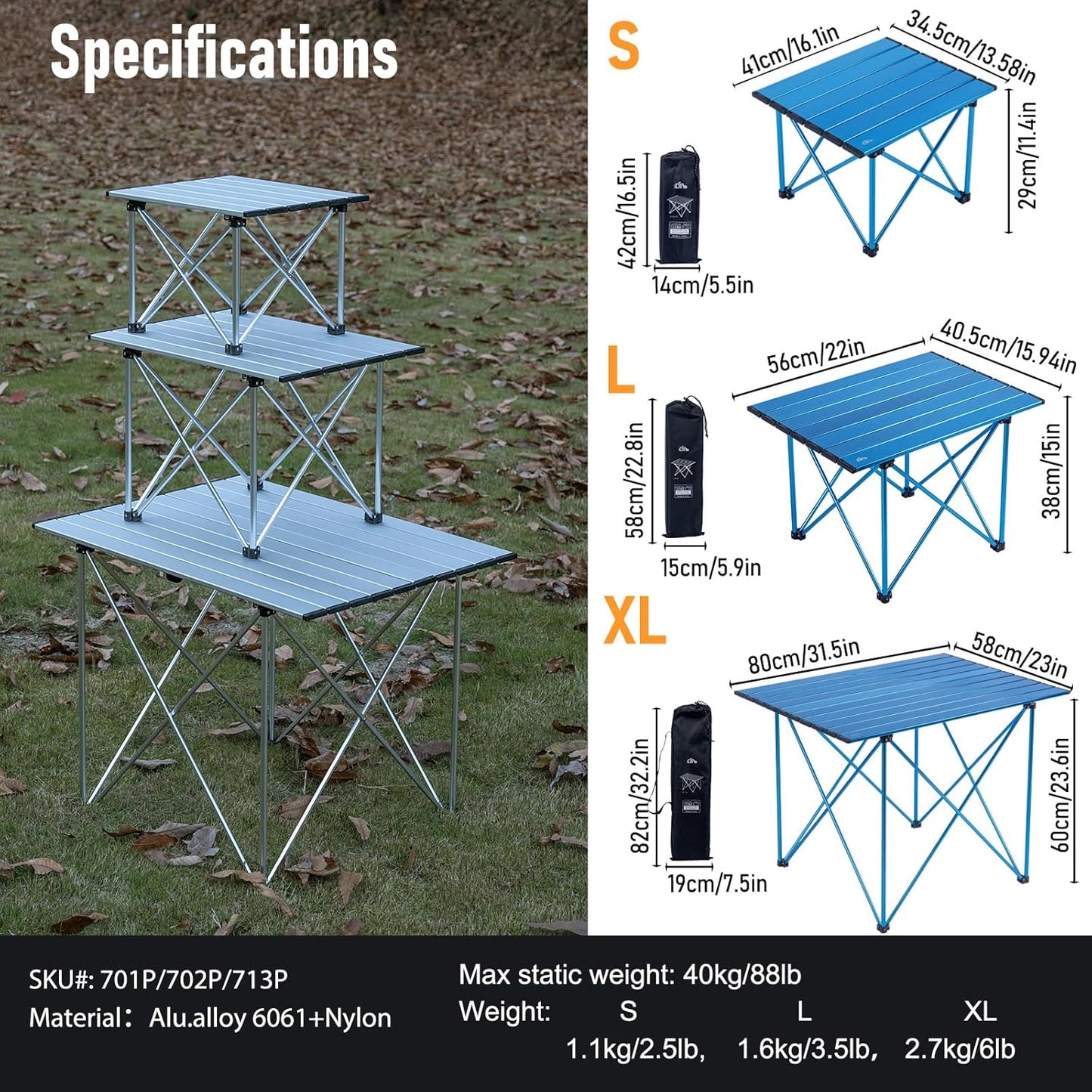 iClimb Ultralight Compact Camping Folding Table with Carry Bag (Reinforced Blue - L)