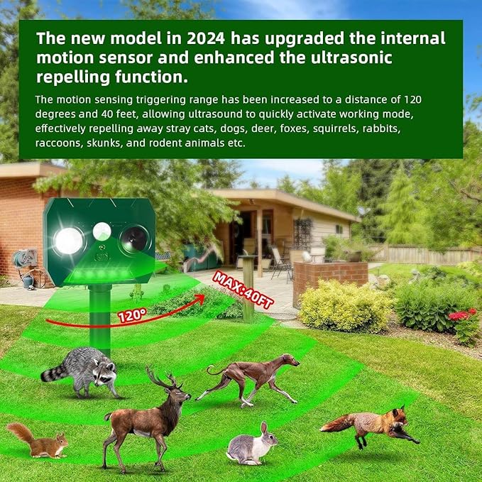 Solar Ultrasonic Animal Repellent Outdoor, Deer Repellent Devices, Waterproof Cat Rabbit Repeller with Motion Detection Flash Light to Deterrent Squirrel Dog Skunk Raccoon for Garden Yard Farm(4Pack)