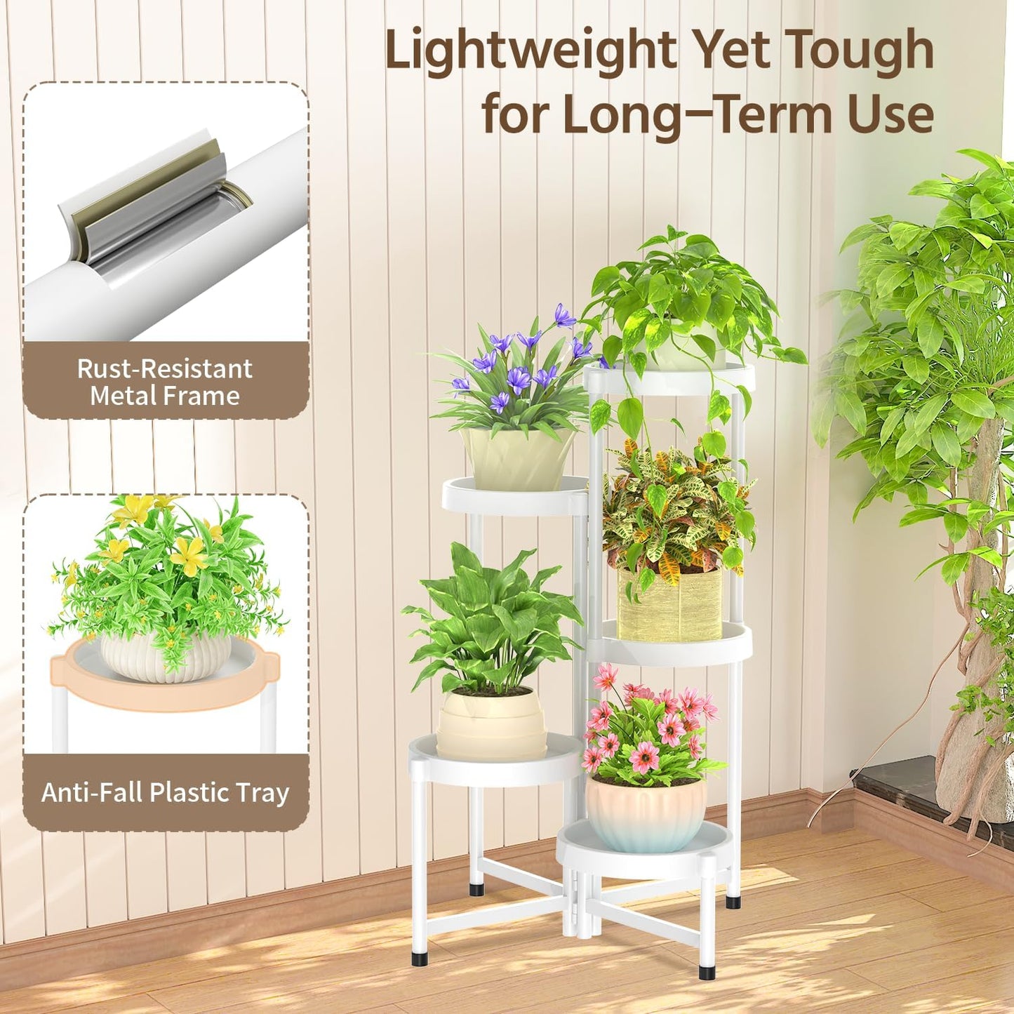 LASZOLA 5 Tiered Folding Plant Stand Indoor for Multiple Large Planter, Tall Heavy Duty Adjustable Rack with Rust Proof Plastic Shelving, Sturdy Vertical Tree Organizer for Narrow Inside Floor, White