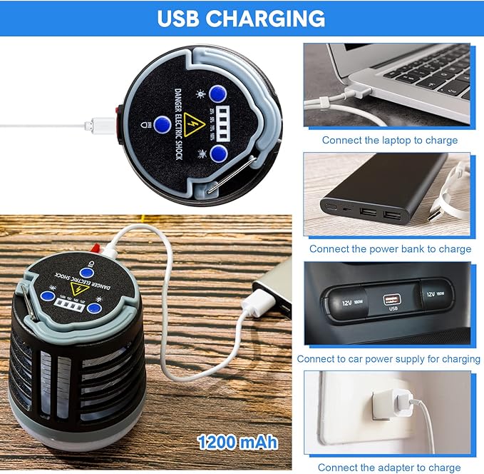 2 Pack 3 in 1 Bug Zapper USB Rechargeable Mosquito Killer Portable Waterproof Mosquito Repellent Outdoor Indoor LED Lantern Bug Zapper Camp Light SOS Emergency Light for Home, Backyard, Patio (Black)