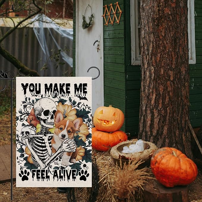Halloween Garden Flag Skeleton and His Cogi Vertical Double Sided Flags for Holiday Farmhouse Patio Yard Outdoor Party Decor Decorations Gifts - 12.5 x 18 Inch