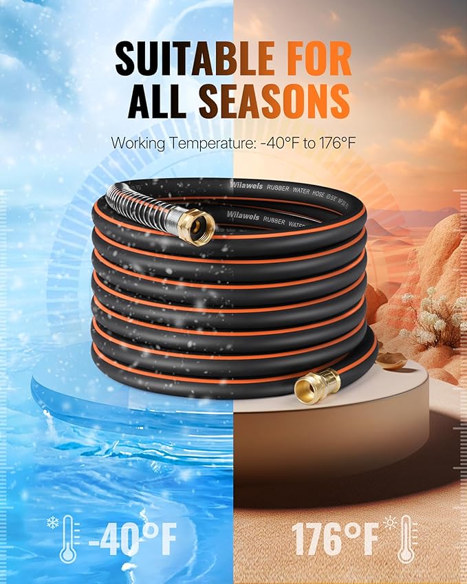 50FT x 5/8" Rubber Garden Hose, Heavy Duty Rubber Garden Water Hose, 300 PSI Working, 1000 PSI Burst, Swivel Handle with Stainless Steel Ring, 5-Layer Braided, All-Weather Outdoor Use