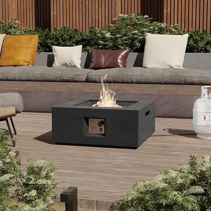 SUNBURY Outdoor Fire Pit, 28" Square Propane Gas Patio Fire Table 40,000 BTU Concrete Travertine Design, CSA Certified, Small Firepit Table with Lava Rocks, Waterproof Cover (Grey)