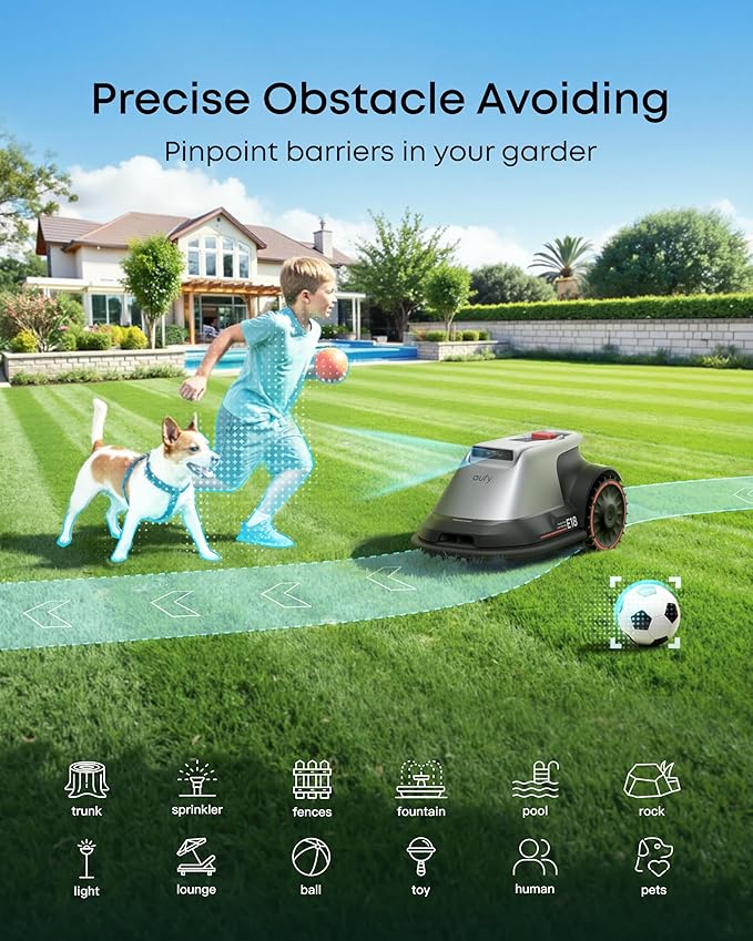 eufy E18 Robot Lawn Mower,Max 0.3 Acres,Wireless Robot Mower with Auto Mapping,Vision Navigation,Multi-Zone Management,Robotic Lawnmower with AI Obstacle Avoidance,APP Control,18°Slope,Cut Height1-3"