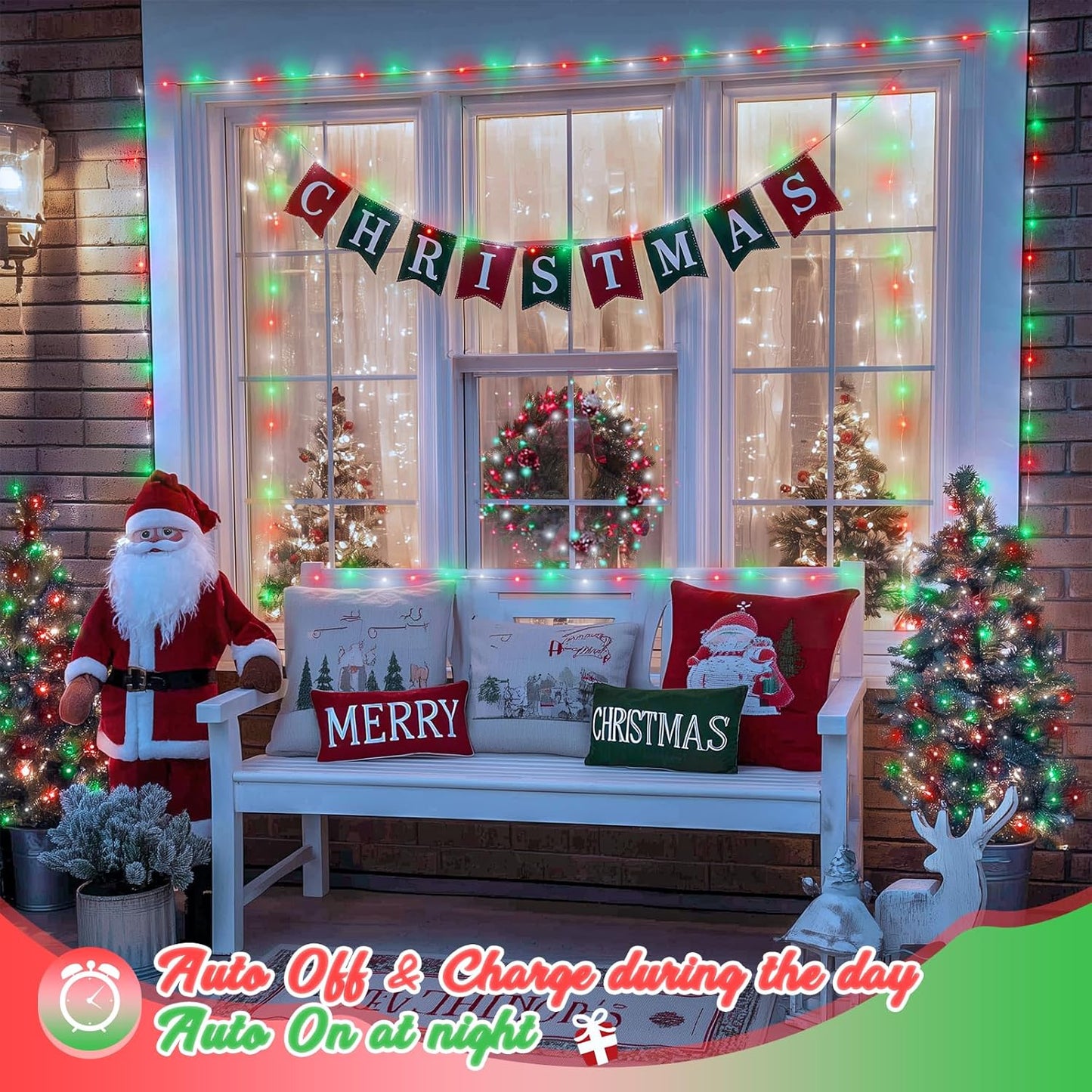 JMEXSUSS 2 Pack Red White and Green Solar Christmas Lights, Each 33FT 100 LED Solar String Lights Outdoor, Waterproof Solar Fairy Lights for Outside Christmas Decorations