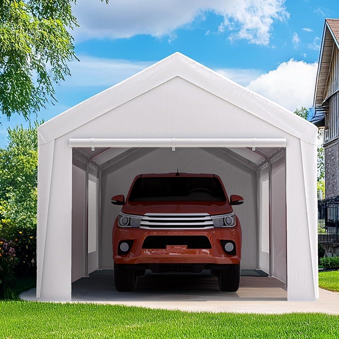 Quictent 10x20 ft Heavy Duty Carport Canopy Galvanized Car Tent Outdoor Garage Boat Shelter with Reinforced Structure with Roll-up Ventilated Windows Sidewall - White