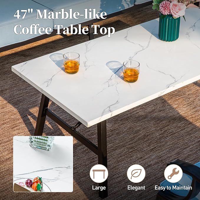 6 Piece Metal Outdoor Patio Furniture Set, Patio Conversation Sets 1 3-seater Sofa, 2 Fixed Chairs, 2 Ottomans with 5.75" Thick Cushion and Coffee Table, Black Backyard Furniture, Blue