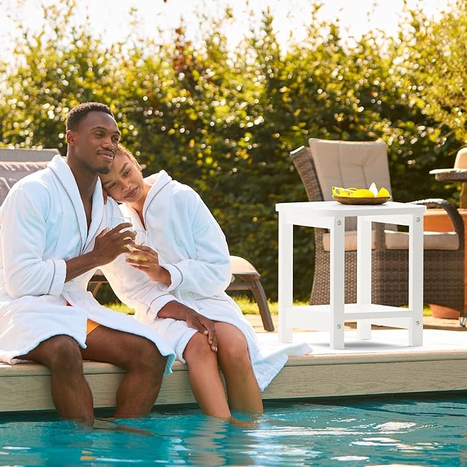 2-Tier Outdoor Side Table, 16" Adirondack Small Side Table All Weather Resistant, Patio End for Outside or Indoor, Patio, Yard, Pool, Porch, Garden, White