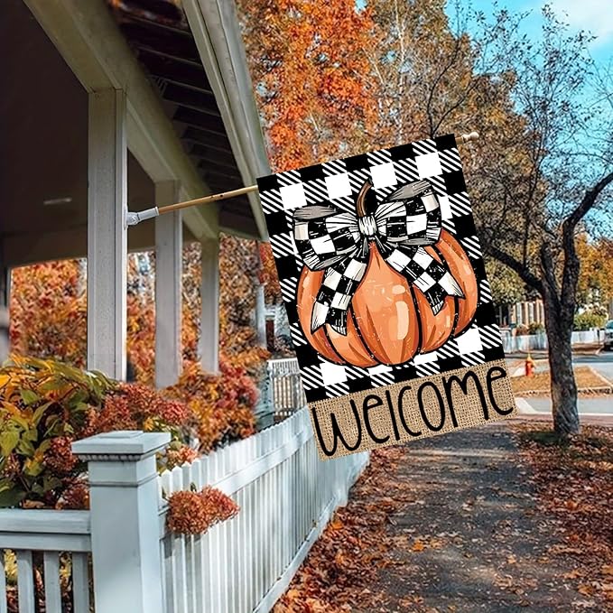 Fall Pumpkin House Flag 28x40 Double Sided, Welcome Fall Thanksgiving Large Garden Flags for Outside, Autumn Holiday Yard Flag Outdoor Seasonal Decorations for Home
