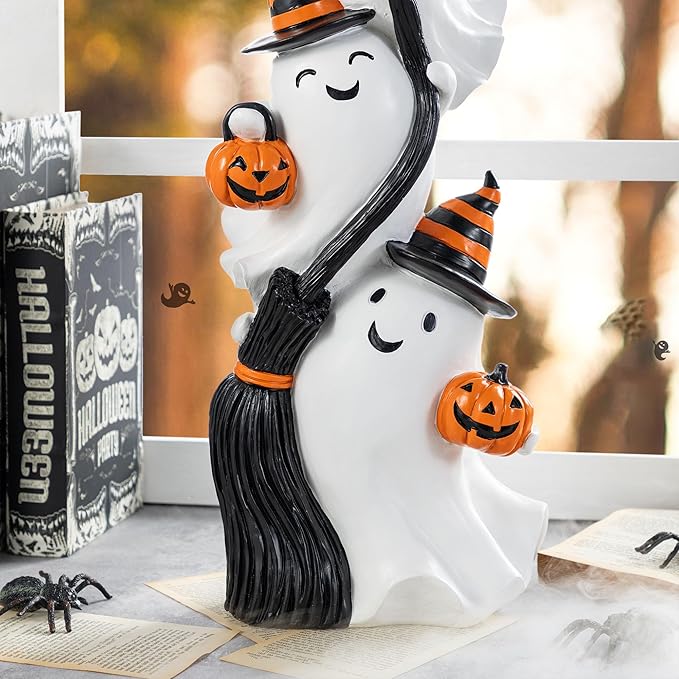Glitzhome Halloween Front Porch Decor, 21.75" H Resin Stacked Ghost Standing Sign for Indoor Patio Party Decorations