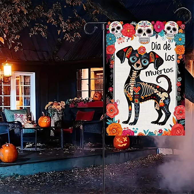 Day of the Dead Garden Flag Dachshund Skeletons Flowers Garden Flag Double Sided 12.x18 Inch Welcome Dog Flag Halloween Flag Mexican Dia De Los Muertos Sugar Skull House Decorations Outdoor
