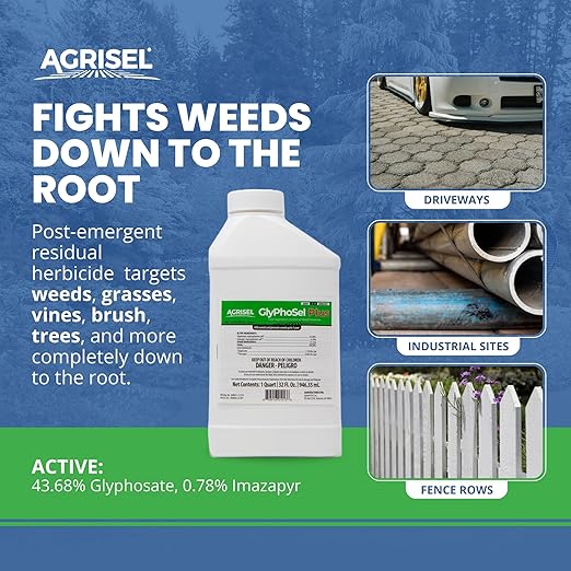 GlyPhoSel Plus Weed Killer, Post Emergent, Long-Lasting Action, Eliminates Tough Weeds from Leaf to Root, for Non-Crop Areas, Includes 3-Pack of Agrisel Protective Gloves, 32 Ounces