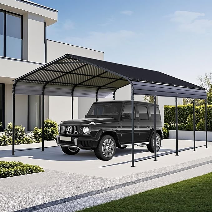 12x20 FT Heavy Duty Metal Carport, Outdoor Car Shelter with Galvanized Steel Roof and Reinforced Base, All-Weather Garage Canopy for Cars, Trucks, Boats, and More, Anthracite
