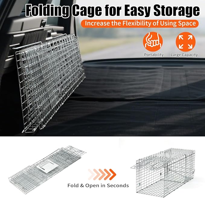 31" Live Animal Trap, Heavy Duty Folding Squirrel Traps Outdoor, Humane Catch & Release Cat Trap for Stray Cats, Raccoons, Squirrel, Skunk, Mole, Groundhog, Armadillo, Rabbit