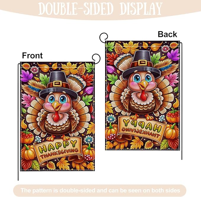 Fall Thanksgiving Garden Flag 12 x 18 Inch Double Sided Turkey Pumpkin Maple Leaves Designs Autumn Burlap Yard Flag for Outside Rustic Yard Outdoor Holiday Home Decoration