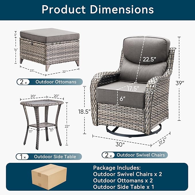 Luxury High Back Outdoor Furniture with 6-Inch Thick Cushions, Patio Furniture Set with Ottomans, 5 PCS Wicker Conversation Set for Porch, Balcony, Deck and Yard