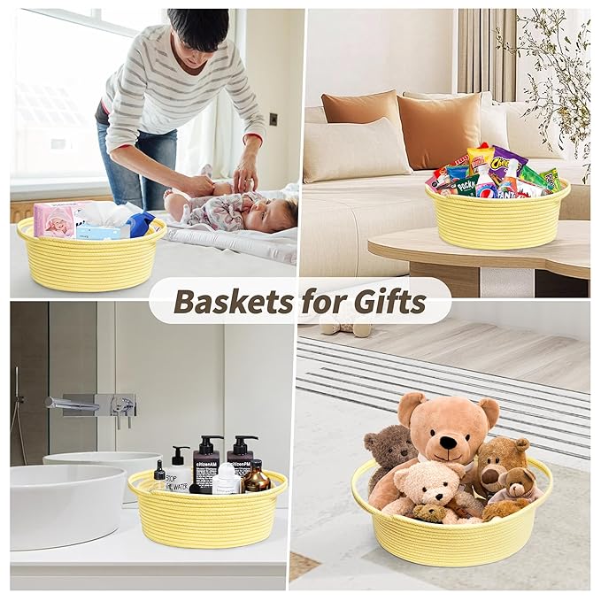 Pro Goleem Small Woven Basket with Gift Bags and Ribbons Durable Baskets for Gifts Empty Small Rope Basket for Storage 12"X 8" X 5" Baby Toy Basket with Handles, Yellow